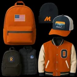 Custom patches applied to backpack, varsity jacket, vest, and hats