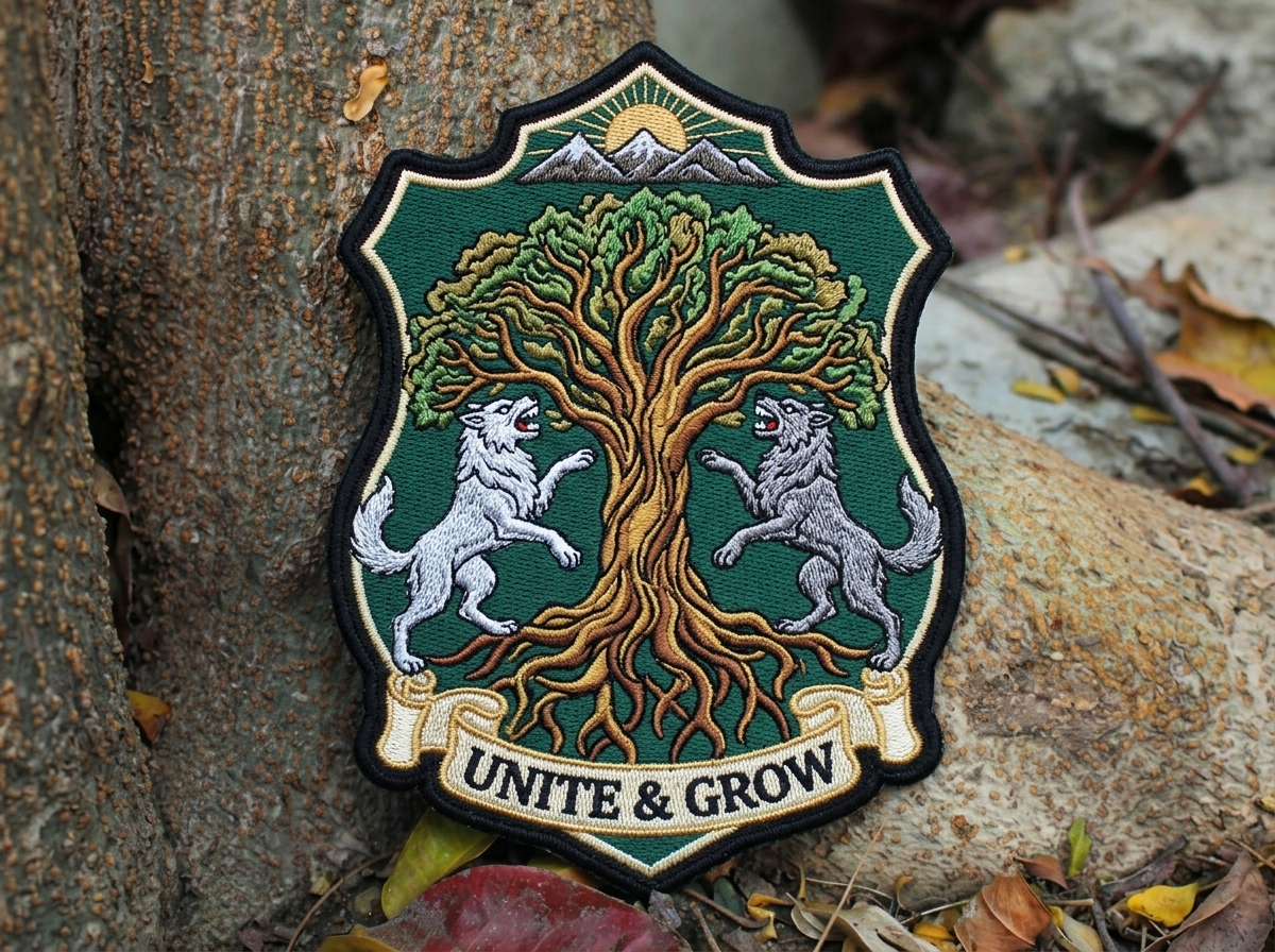Custom embroidered patch with detailed logo design on twill backing