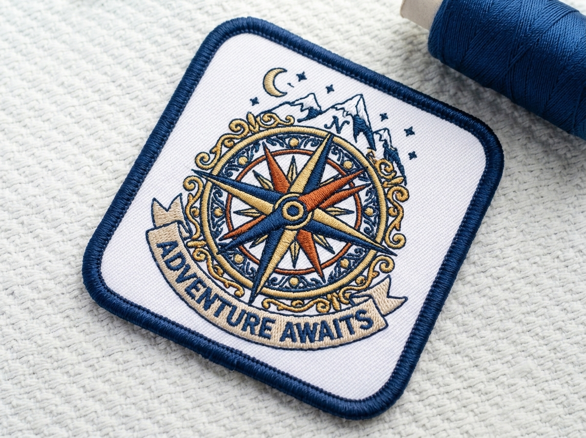Custom woven patch with fine text and intricate border detail